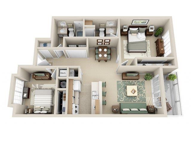 Floor plan for 2 beds, 2 baths, 1080 sqft